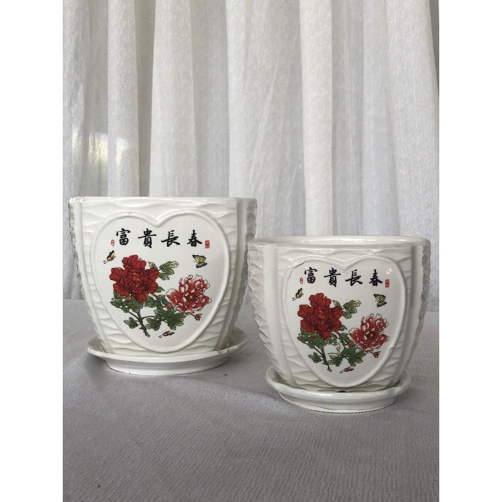 Bộ chậu men Trái Tim hình hoa hồng CK30 kèm dĩa size nhỏ và lớn trồng hoa, cây cảnh trang trí nhà cửa
