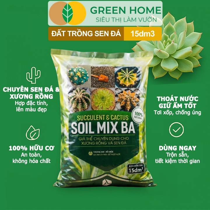 Đất Trồng Sen Đá GreenHome, Soil Mix BA, Bao 15dm3 ~ 6kg, Trộn Sẵn, 70% Đá Khoáng, Thoát Nước Tốt