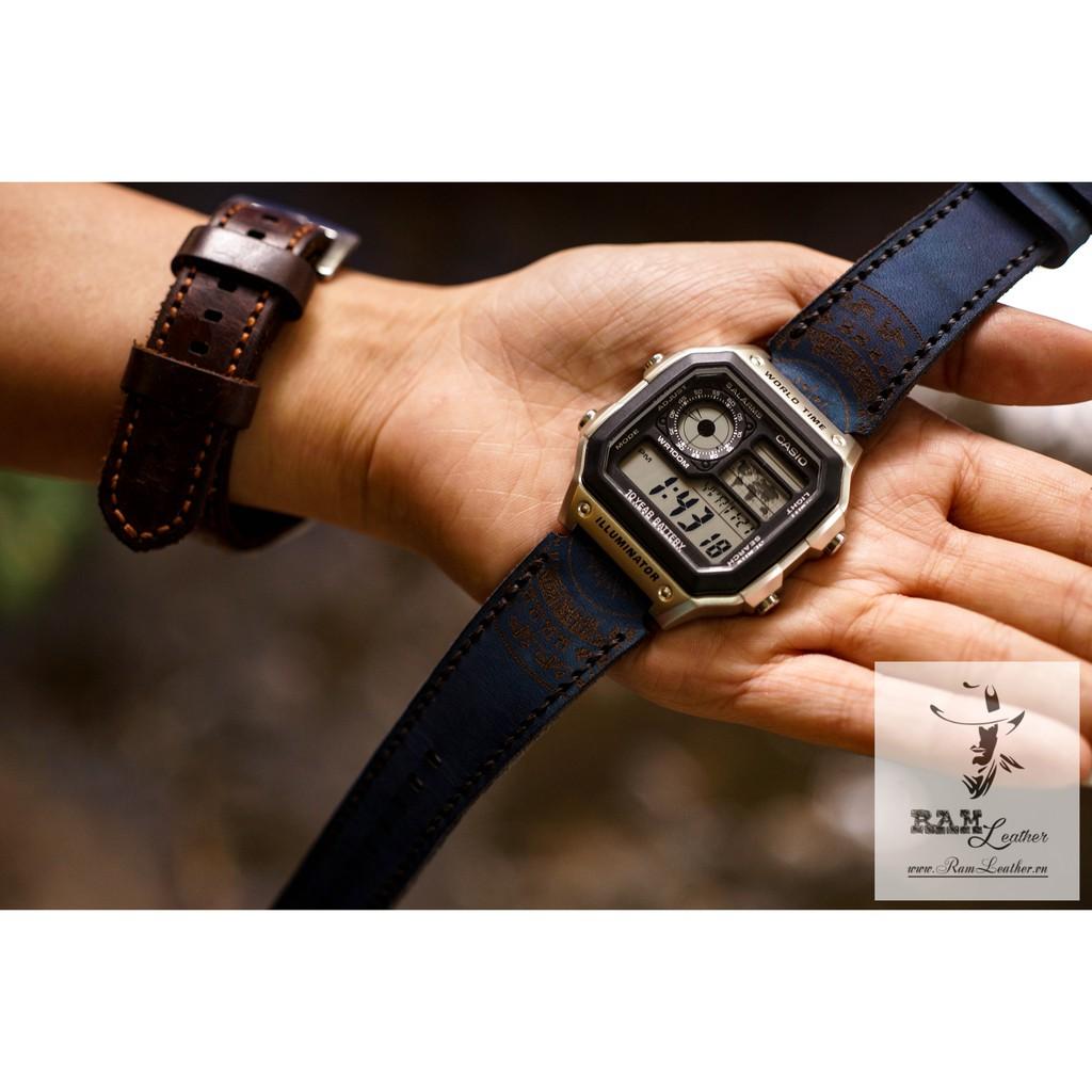 DÂY ĐỒNG HỒ CASIO AE1200/SEIKO5 DA BÒ THẬT XANH NAVY TRỐNG ĐỒNG