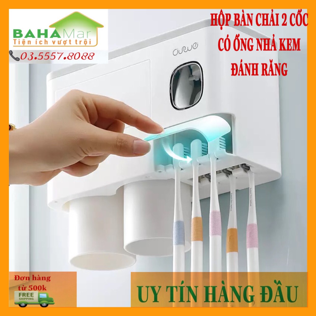 GIÁ ĐỂ TREO BÀN CHẢI NHẢ THUỐC ĐÁNH RĂNG TỰ ĐỘNG - 2 CỐC TREO NAM CHÂM NGƯỢC "BAHAMAR"