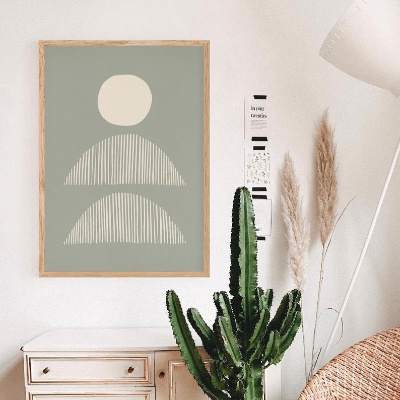 Tranh treo tường | Tranh trừu tượng - Sage green abstract geometric shapes print, abstract boho poster