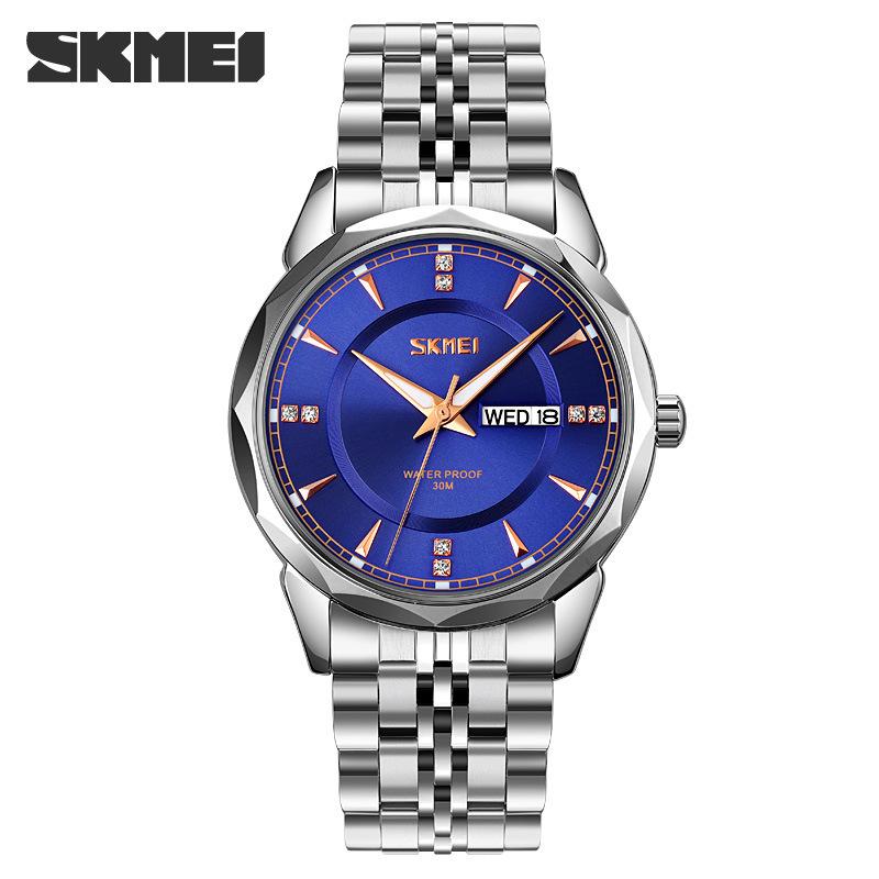 Phong Cách Mới Nhất Skmei Moment Beauty Thời Trang Dây Thép Không Gỉ Chắc Chắn Nam Lịch Kép Chống Nước Phong Cách Doanh Nhân Đồng Hồ Thạch Anh