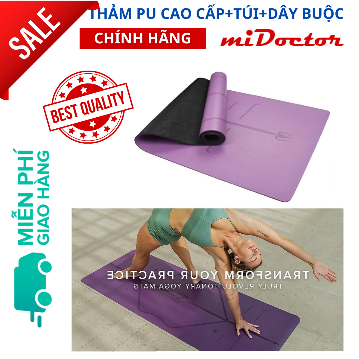 Thảm Tập Yoga Định Tuyến Da PU Cao Cấp Chính Hãng miDoctor + Túi Đựng Thảm Tập Yoga + Dây Buộc Thảm Yoga Định Tuyến