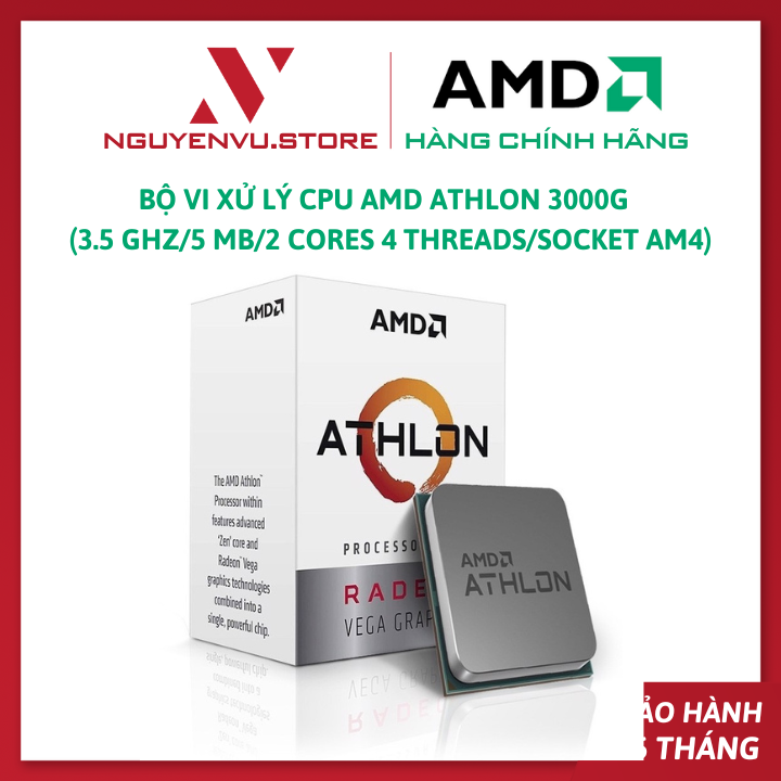 Bộ Vi Xử Lý CPU AMD Athlon 3000G  3.5 GHz/5 MB/2 Cores 4 Threads/Socket AM4 (YD3000C6FHSPK) - Kèm Quạt Làm Mát - Hàng Chính Hãng