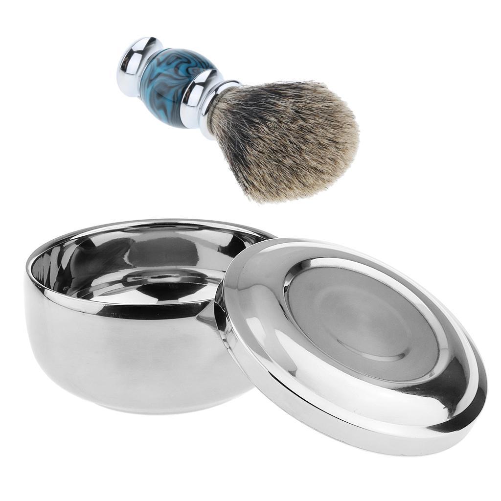 Men's Shaving Set - Beard Grooming Brush + Stainless Mug Bowl Cup with Lid