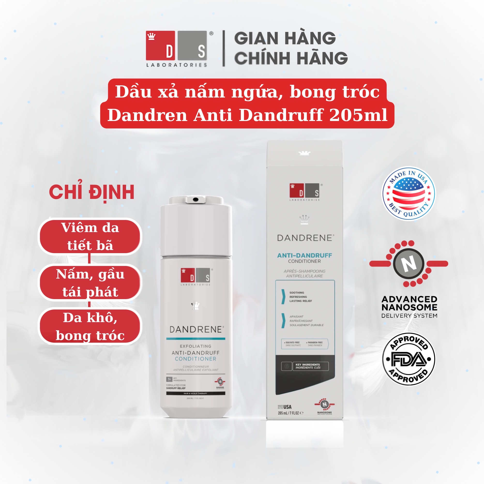 Dầu xả nuôi dưỡng, giảm gầu, vảy nến DANDRENE CONDITIONER 205ml của Ds Laboratories ( Mỹ )