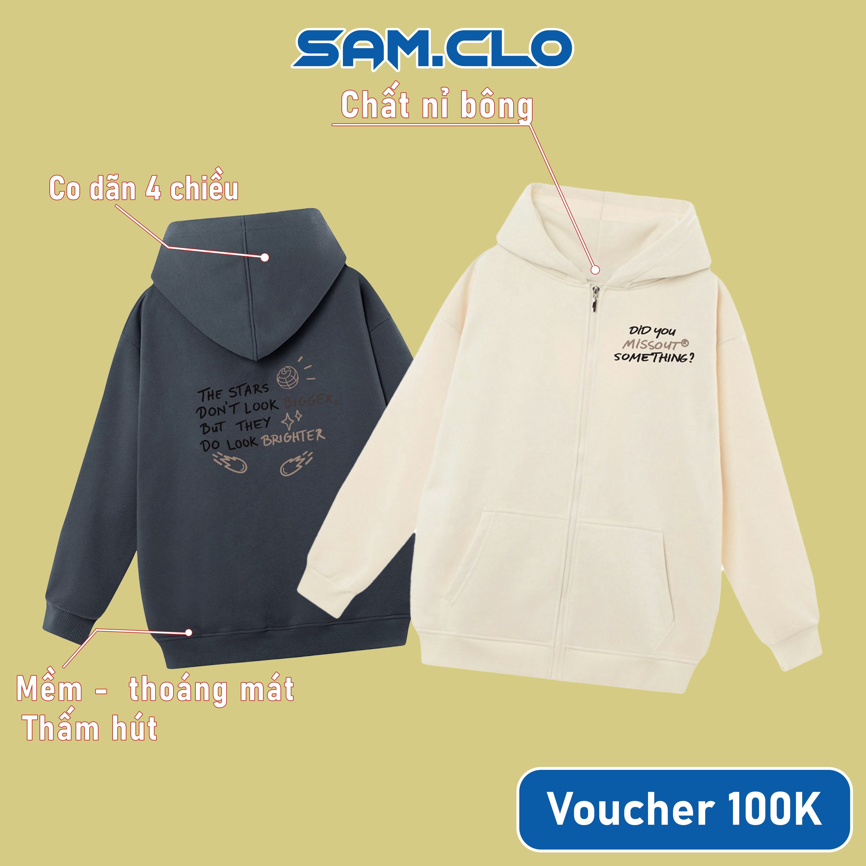 Áo khoác Hoodie Zip nam nữ SAM CLO có mũ form rộng chất nỉ tay dài thu đông ZIP DID YOU