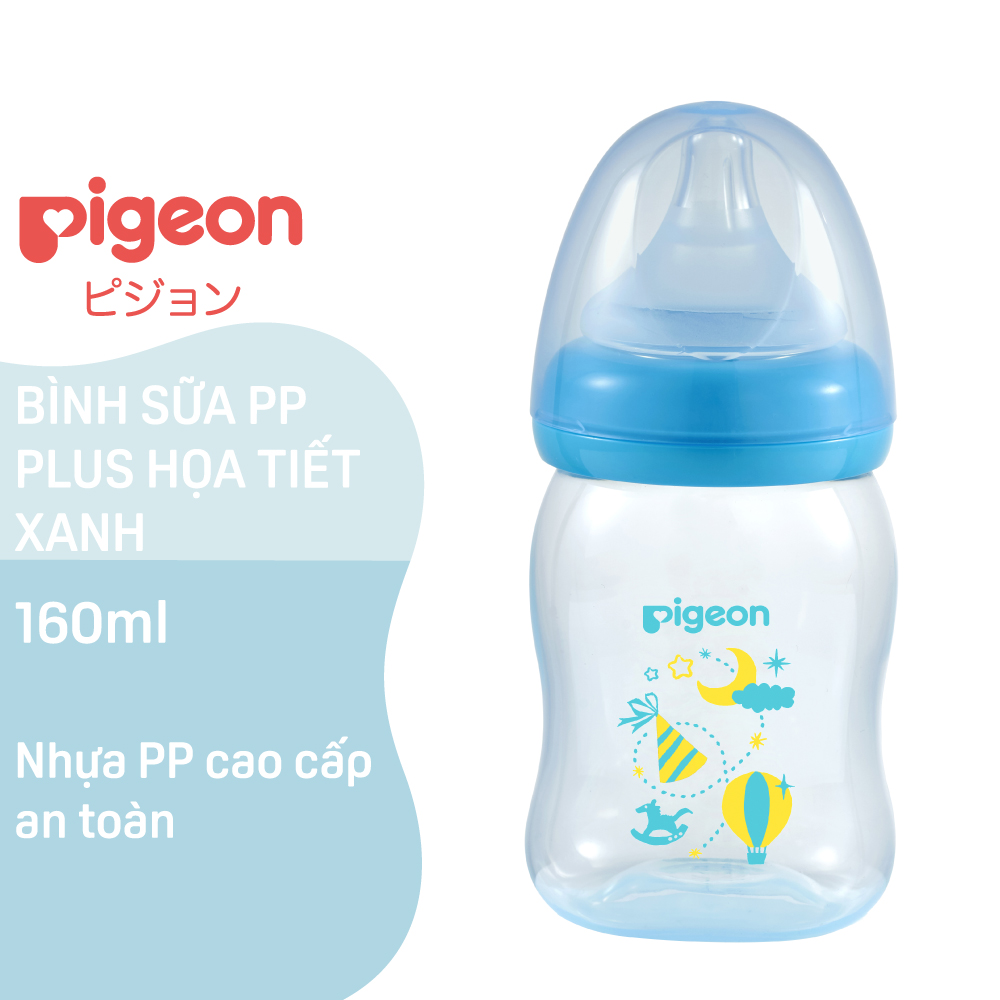 Bình sữa cổ rộng PP Plus họa tiết xanh/hồng Pigeon 160ml (SS)