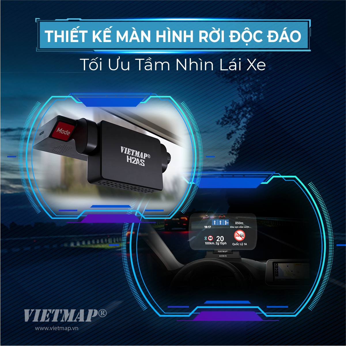 HUD Vietmap H2AS - Màn hình HUD Đo áp suất lốp - Dẫn đường - Cảnh báo tốc độ - Hiển thị cuộc gọi - Hàng chính hãng