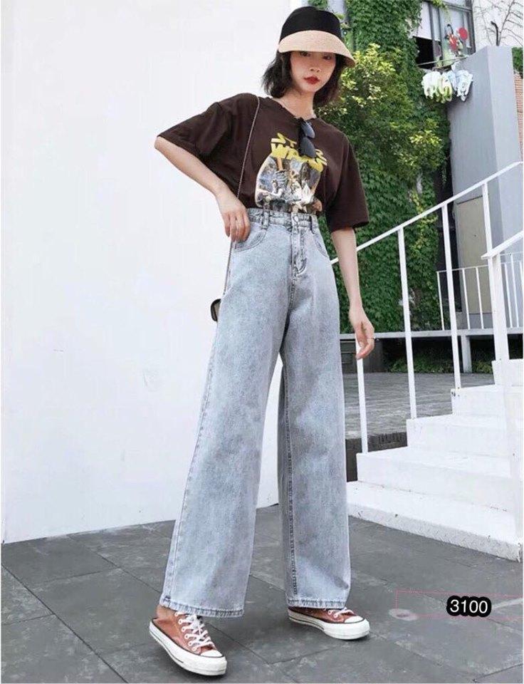 Quần Jean Nữ Ống Rộng Dài Màu Xanh Bạc