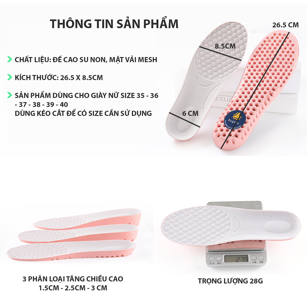 Lót giày tăng chiều cao 1.5cm, 2.5cm, 3cm với đế cao su dẻo cấu trúc tổ ong thoáng khí - Màu hồng mặt vải kem - buybox - BBPK156