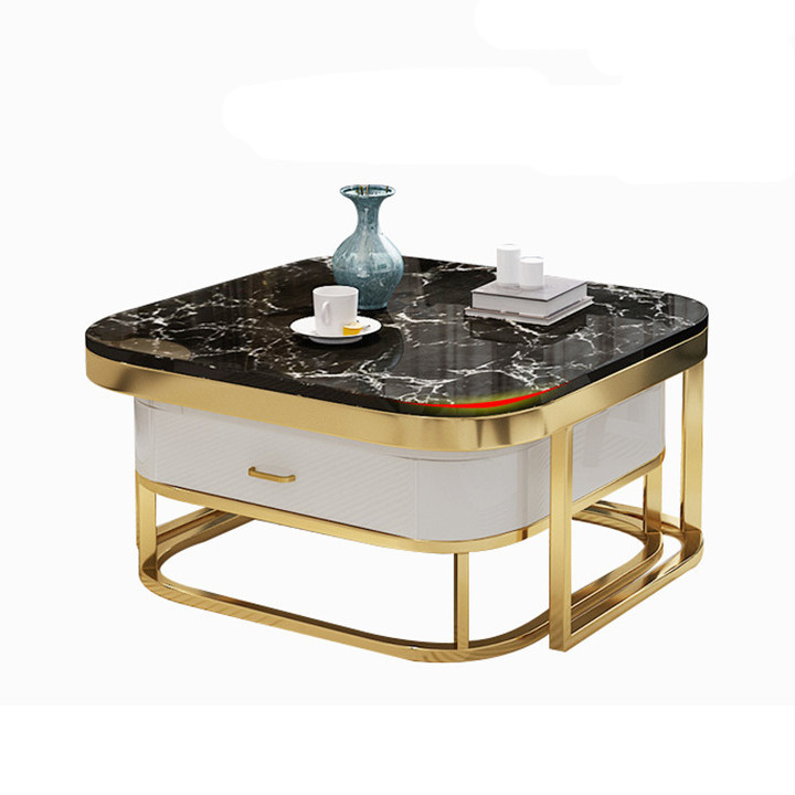 Bộ 2 bàn trà mặt đá vuông chân mạ vàng có ngăn kéo, bàn sofa phòng khách