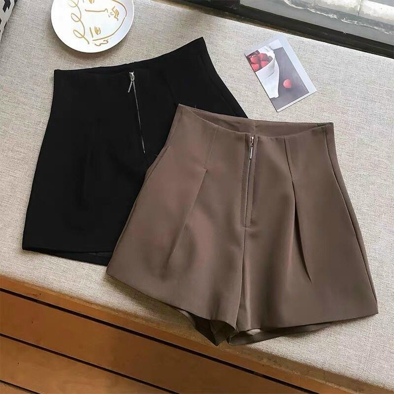 Quần sôc đùi khóa nhôm ống rộng trẻ trung cho nữ, quần short cạp cao khóa giữa KH059