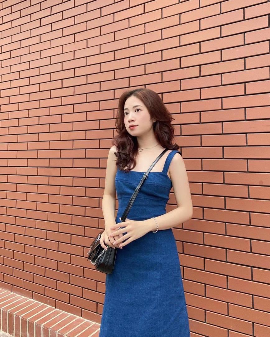ĐẦM DÂY DENIM JEANS MIDI DÀI SUÔNG TRƠN HAI DÂY CỔ U DẠO PHỐ ĐI BIỂN DỰ TIỆC