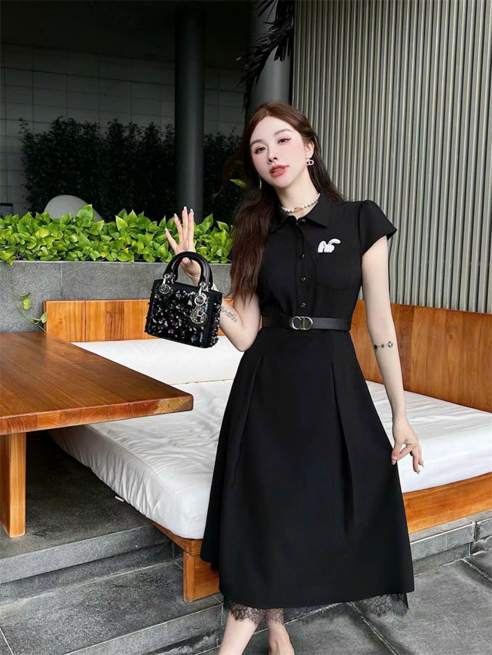 ĐẦM XÒE LỤA CỔ SƠ MI CHÂN VÁY REN KÈM BELT