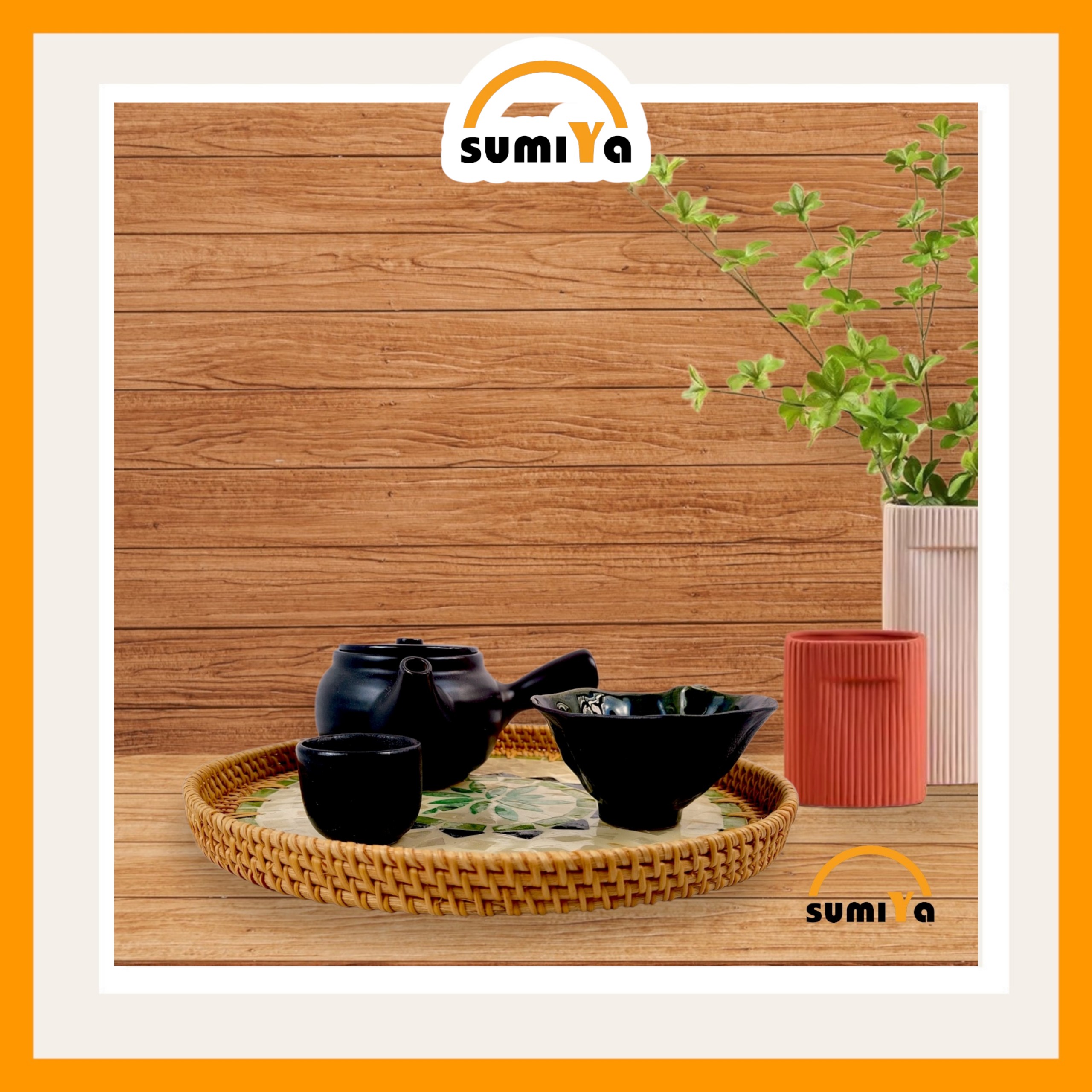 Đĩa mây xiên khảm sứ tròn, đĩa mây xiên tự nhiên đựng trái cây, bánh kẹo trang trí