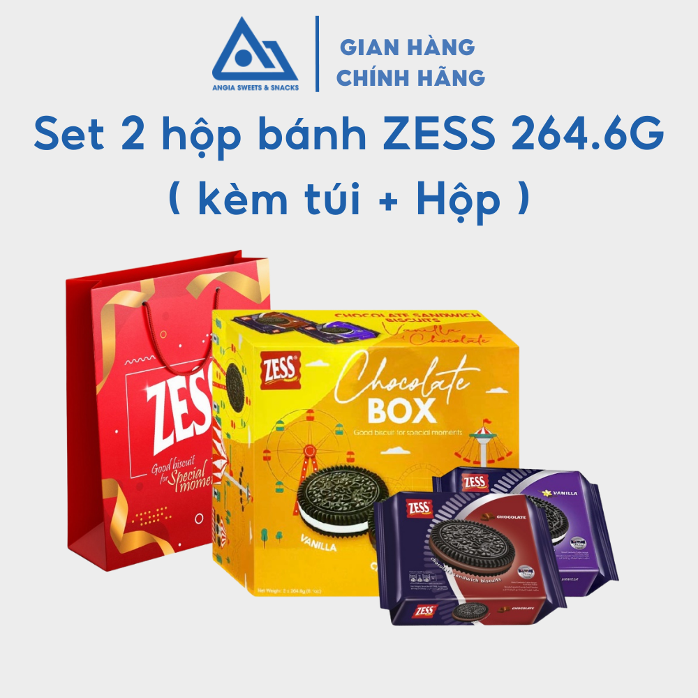 Hộp bánh ZESS Vàng 264.6g ăn vặt gồm set 2 hộp quy kem hương chocolate và vani An Gia Sweets &amp; Snacks