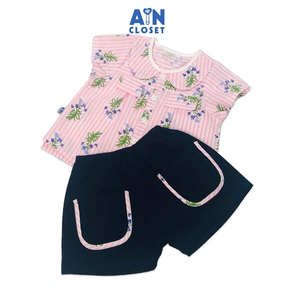 Hình ảnh Bộ quần áo ngắn bé gái họa tiết Kẻ hồng hoa tím quần xanh cotton - AICDBT0UX0WX - AIN Closet