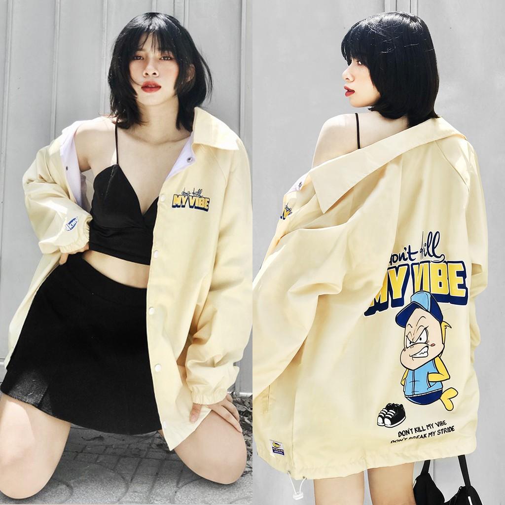 Áo khoác dù nữ màu vàng cổ bẻ in hình | DKMV Yellow Baseball Jacket