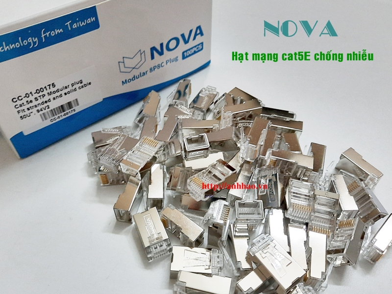 Đầu bấm mạng RJ45 cat5 chống nhiễu Nova CC-01-00175, Chân cắm mạ vàng 50U, vỏ bọc kim chống nhiễu - Hàng chính hãng