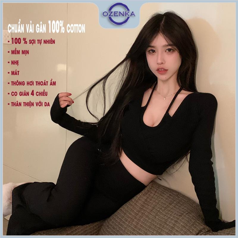 Áo croptop trễ vai tay dài ôm nữ 2 lớp Ozenka , áo crt cổ yếm buộc dây sau gáy màu đen trắng chất gân cotton mềm mịn mát