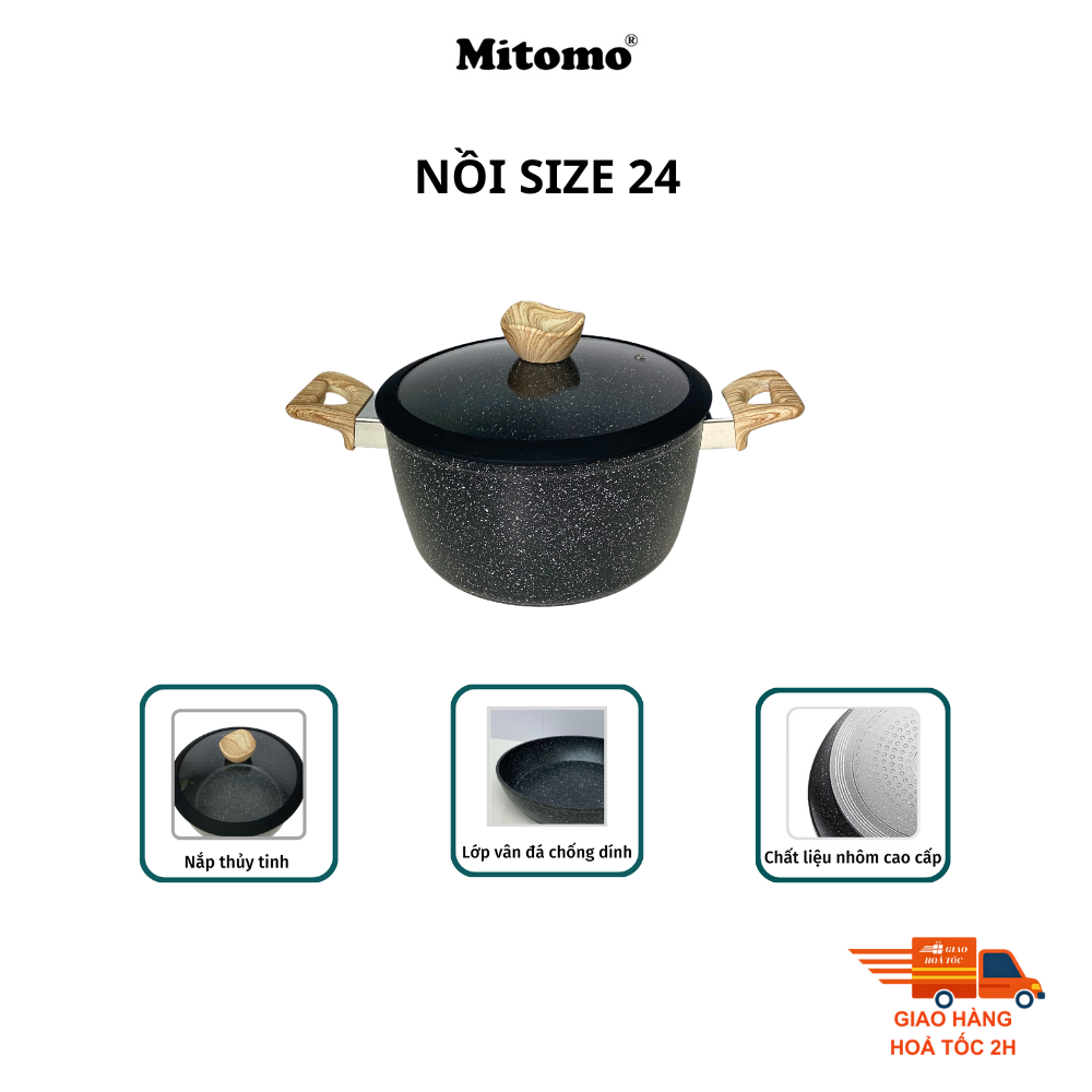 Bộ nồi chảo vân đá 6 món chống dính cao cấp Mitomo Queen Time, dùng cho bếp từ, bếp ga - Hàng chính hãng