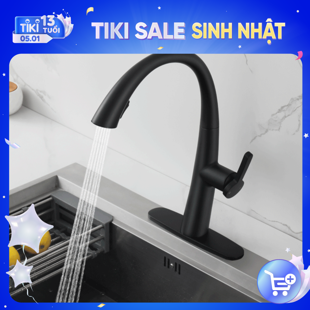 Vòi Rửa Chén Nóng Lạnh S-curve Ecalite EF-K114B - Có Dây Rút - Điều Chỉnh Tia Nước - Đồng Thau Sơn Đen - Hàng Chính Hãng