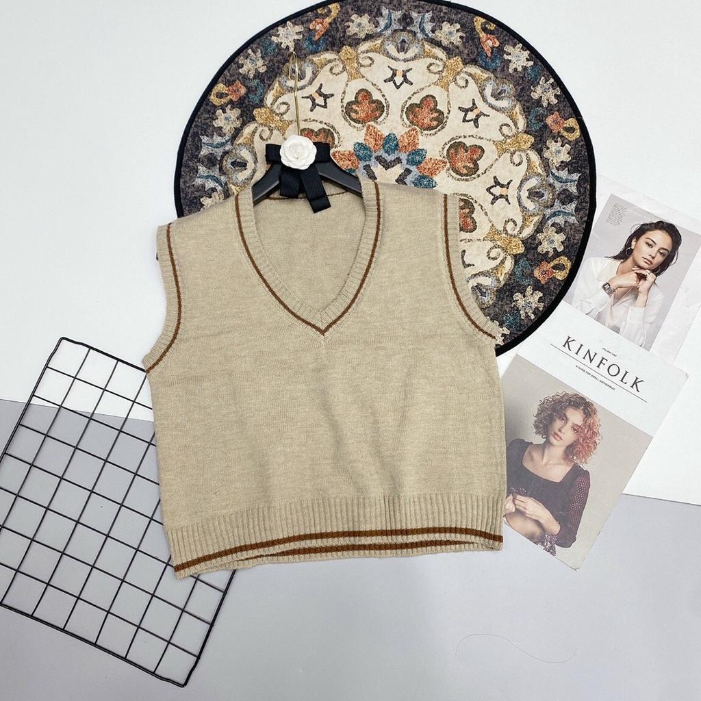 Áo gile len trơn viền phối nhiều kiểu vintage