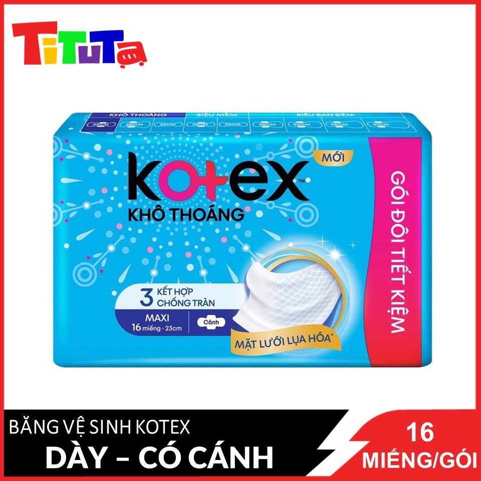 Băng Vệ Sinh Maxi Có Cánh 23cm Kotex Khô Thoáng Kết Hợp 3 Chống Tràn 16 miếng