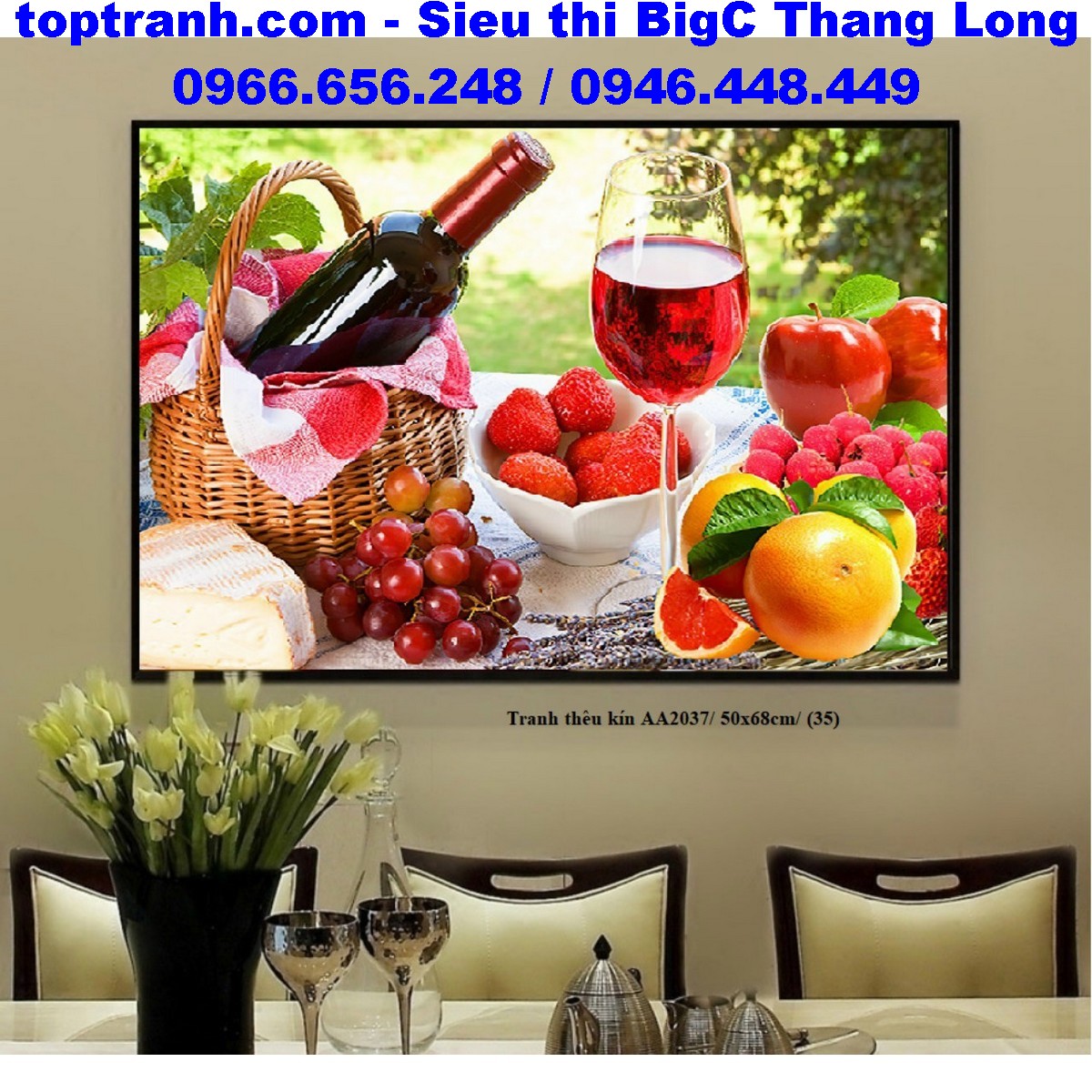 Tranh thêu chữ thập chai rượu ly rượu và các loại hoa quả AA2037
