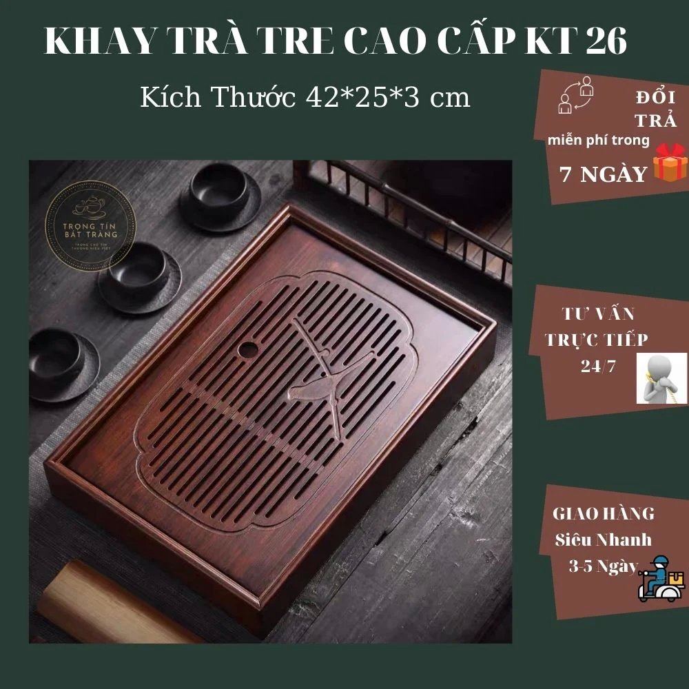 Khay Trà Tre Cao Cấp Chữ Nhật Lớn Kích Thước 42*25*3 KT 26