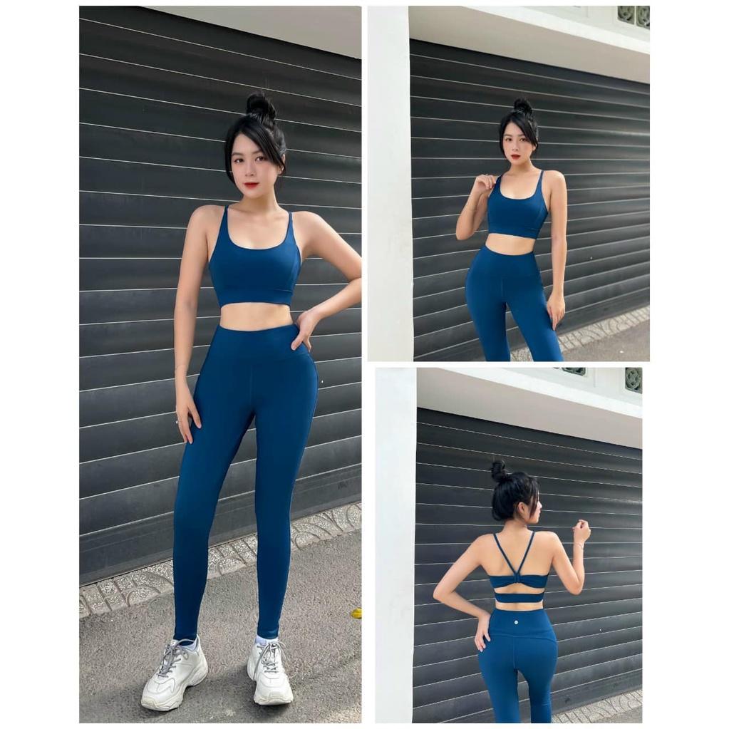 Set đồ tập gym, yoga nữ, quần áo thể thao nữ áo bra đan nơ quần dài legging kèm mút ngực-D23