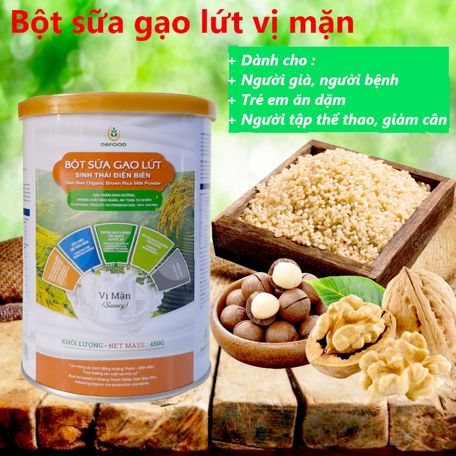 Hộp Bột sữa gạo lứt sinh thái Điện Biên DBFood (450g / Hộp , tùy chọn Vị mặn hoặc Vị ngọt) Dùng trẻ em ăn dặm, trẻ biếng ăn, người già, người bệnh cần bổ sung dưỡng chất