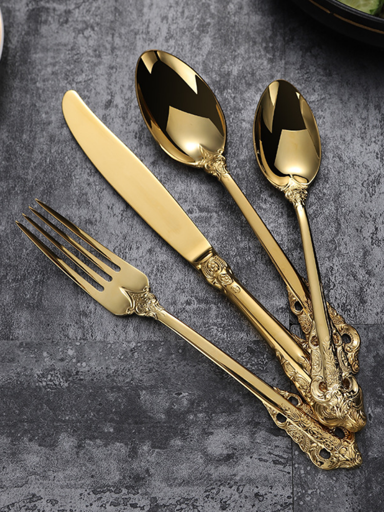 Làm Dày Hơn 304 Giảm Cung Tây Bộ Đồ Ăn Mạ Vàng Bít Tết Dao Muỗng Nĩa Vintage Bộ Đồ Ăn Bộ Quà Tặng Vàng Bộ Đồ Ăn 4Pc