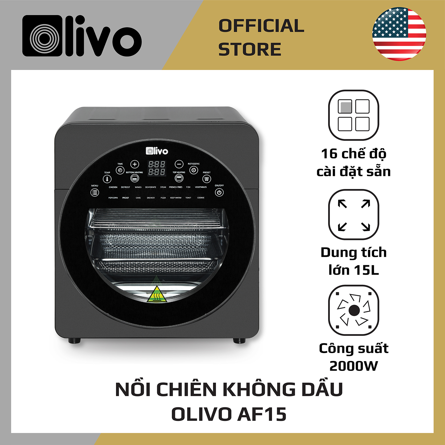 Nồi Chiên Không Dầu OLIVO AF15 - 16 Chức Năng - Dung Tích 15L - Công Suất 2000W - Thương Hiệu Mỹ - Hàng Chính Hãng - BH 24 Tháng