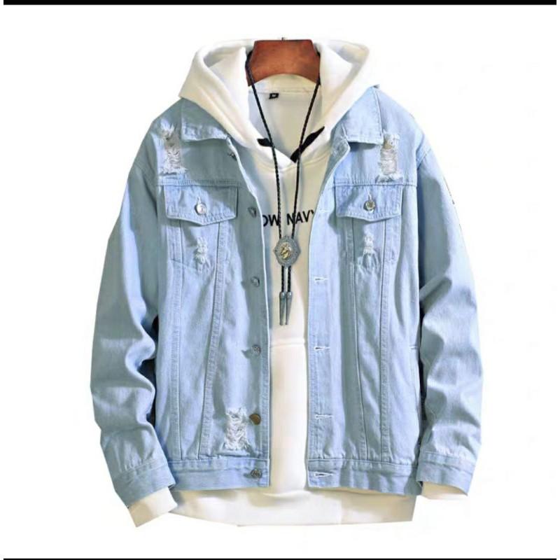 Áo khoác jeans trơn xanh có cúc và túi trong