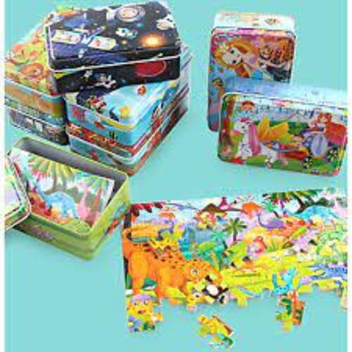 Đồ Chơi Giáo Dục, Ghép hình 60 Miếng Bằng Gỗ Đựng Trong Hộp Sắt Giúp Bé Phát Triển Tư Duy