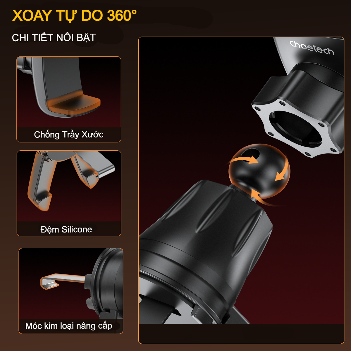 Giá đỡ điện thoại Choetech H091 kẹp khe gió – Tiện lợi khi lái xe - Hàng chính hãng