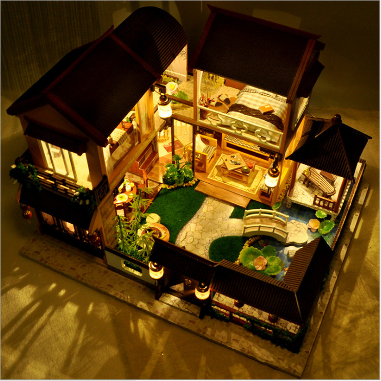 Mô hình nhà DIY Doll House Lotus Pond Moonlight Kèm Hộp nhạc và Mica Chống bụi