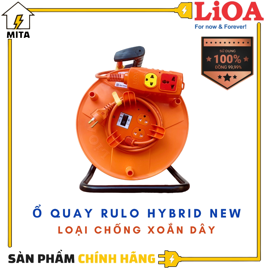 Ổ Cắm Kéo Dài Quay Tay Kiểu Rulo Hybrid LiOA NEW loại Chống Xoắn dây dài 30m/50m công suất 20A 3 Lõi - MITA