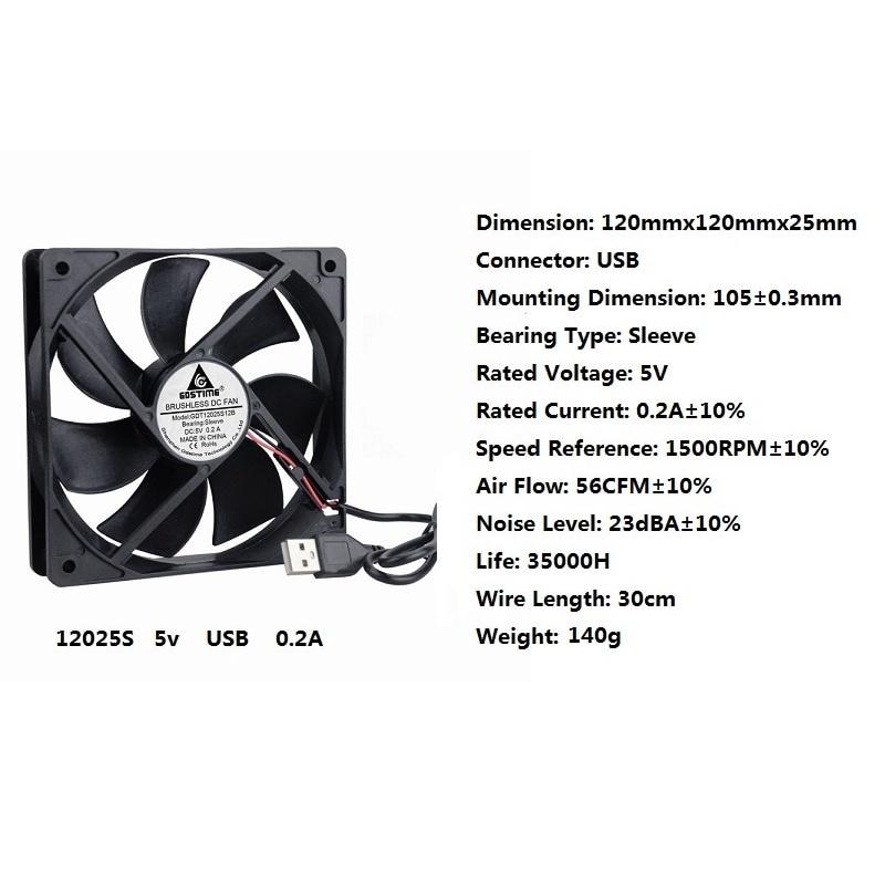 1 Pcs Gdstime DC 5V 120x120x25mm 1500RPM Brushless USB Computer Case Cooling Fan 120mm x 25mm 12025 12cm