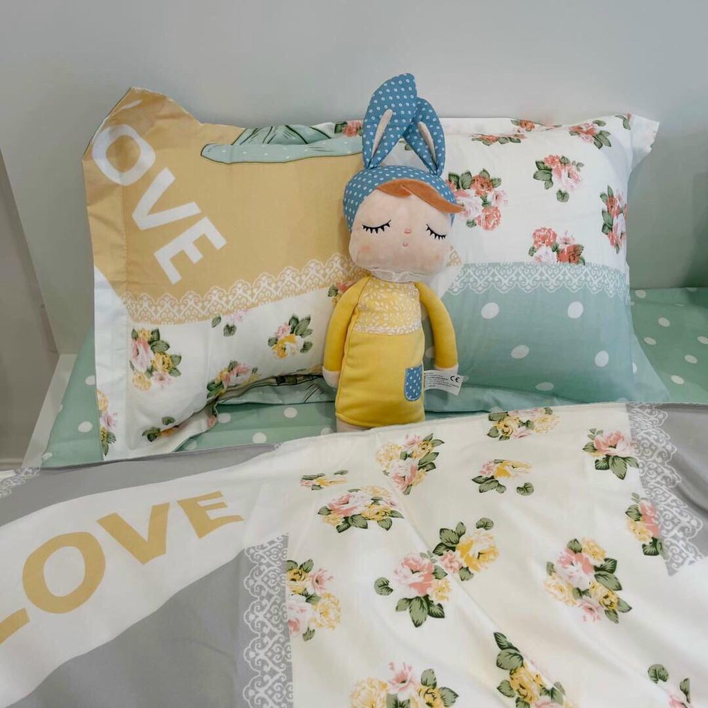 Bộ chăn ga poly nhập khẩu có ruột dày - mẫu nơ xanh