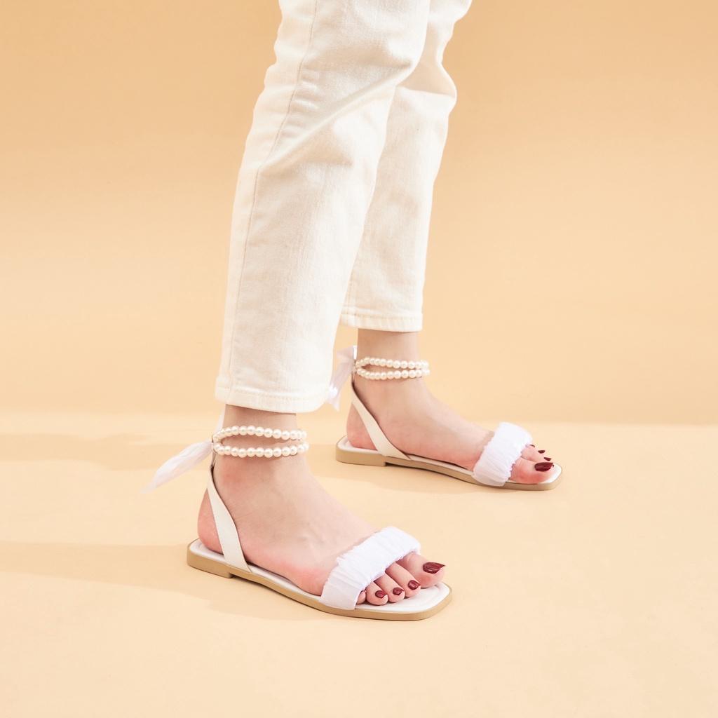 Giày sandal nữ MWC 2985 - Sandal Quai Ngang Nhún Cách Điệu Phối Quai Hậu Kết Ngọc Nữ Tính Thời Trang