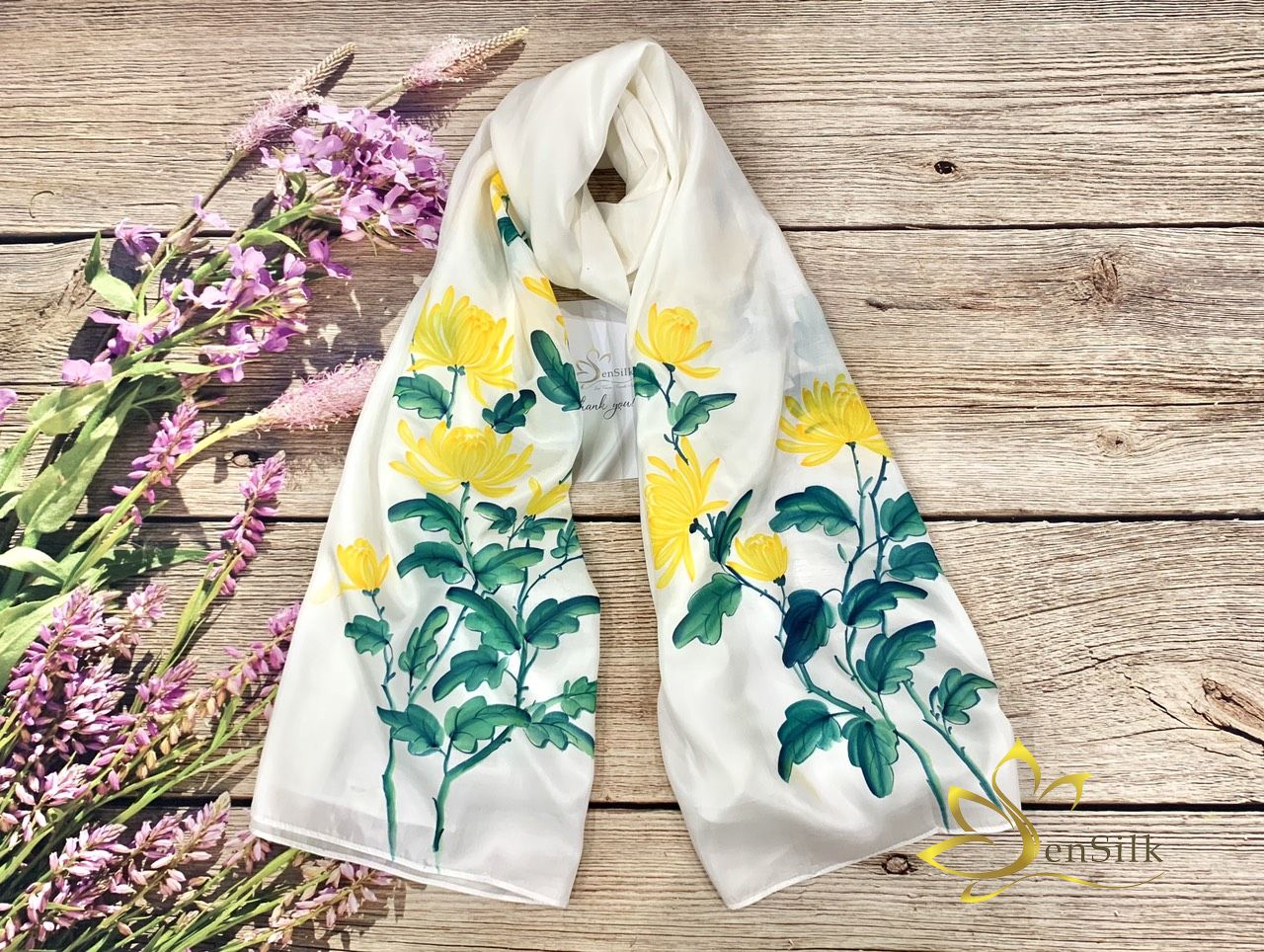 Khăn Lụa Tơ Tằm Vẽ Hoa Cúc Vàng SenSilk - Art of Silk Quà Tặng Mẹ - Hand Painted Silk Scarf - High Quality Pure Silk