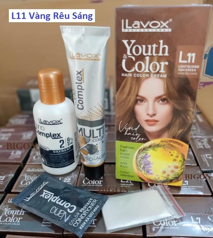 Vàng Rêu Sáng - Combo 2 Kem Nhuộm Tóc Màu Thời Trang Lavox Youth&amp;Color L11 Vàng Rêu Sáng + L24 Nâng Tông Màu (Sử Dụng Màu L24 Để Nâng Tông Màu Tóc Trước Khi Nhuộm Màu Nhuộm L11 Vàng Rêu Sáng )