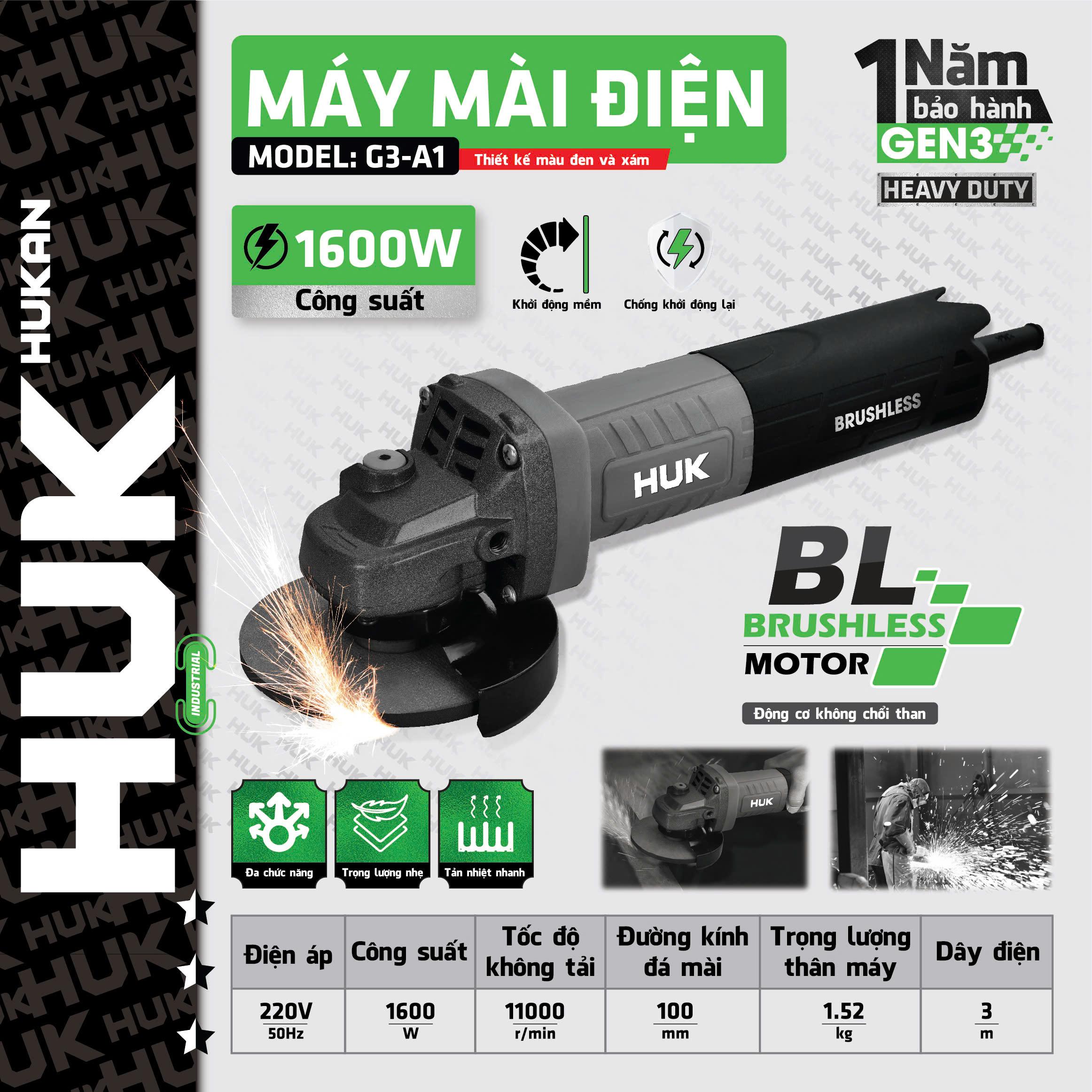 MÁY MÀI CÔNG TẮC ĐUÔI 100MM 1600W G3-A1 HUKAN -HÀNG CHÍNH HÃNG