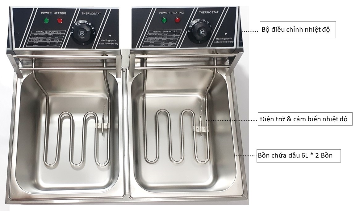 Bếp Chiên Nhúng Đôi : 6 Lít * 2 Bồn. Công Suất 2500 W * 2. Chất Liệu Inox 304 Chống Nhiệt.