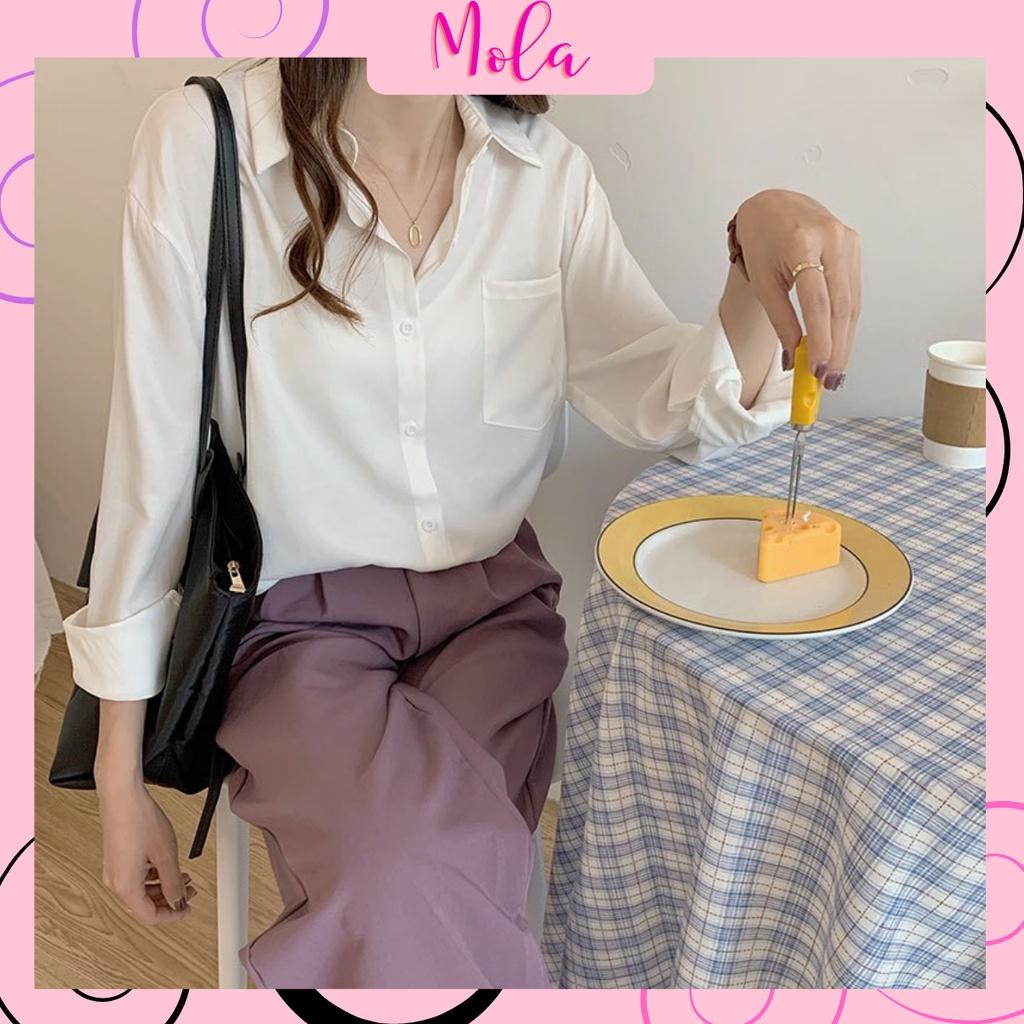 Áo Sơ Mi Form Rộng MOLA Màu Trắng Dáng Dài 1 Túi Kiểu Hàn Quốc Vintage Ulzzang Tiểu Thư Bánh Bèo Chất Đũi