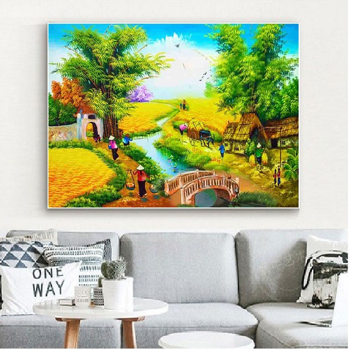 Tranh thêu chữ thập Cảnh Quê Mùa Lúa Chín (90x63cm) chưa thêu