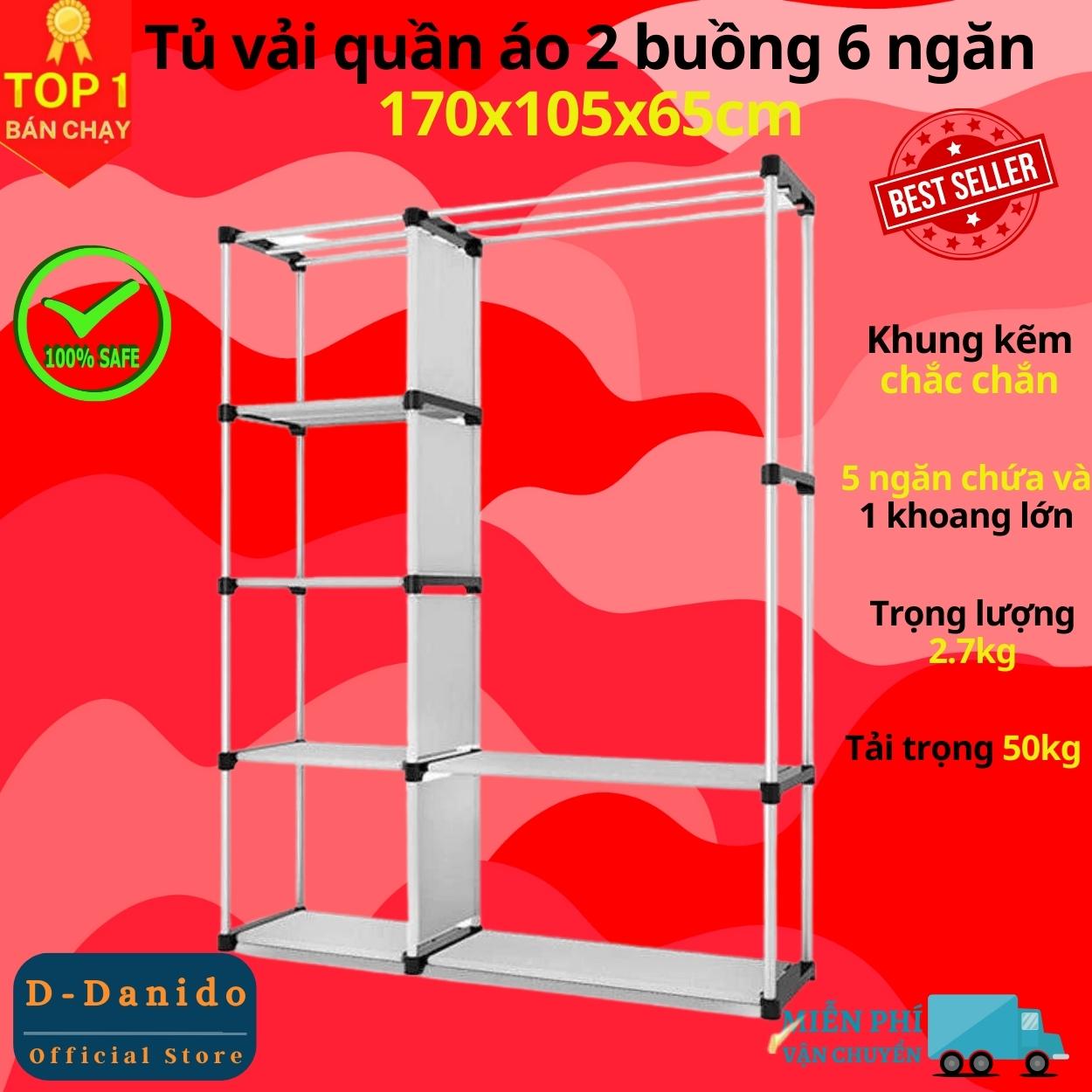 Tủ quần áo 2 buồng 6 ngăn hàng Việt Nam cao cấp - Tủ vải 170cm chất lượng cao khung Inox tĩnh chắc chắn, cứng cáp - Hàng chính hãng D Danido 